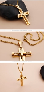 Close-up of gold titanium steel cross pendant with woven wire texture and rope chain