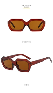 Detailed front and side views of thick candy-colored amber tea rectangular sunglasses