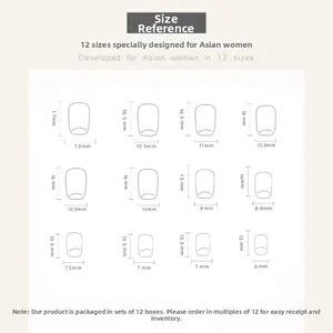 Detailed size chart for almond press on nails featuring twelve different nail dimensions