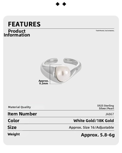 Detailed specs of S925 silver geometric ring with 9.2mm shell pearl inlay for women