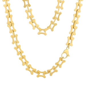 Golden titanium steel bone-shaped link chain necklace with lobster clasp on white background