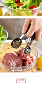 Action shot of stainless steel measuring spoon seasoning raw meat for baking