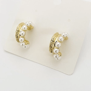 Vintage C Shaped Hoop Stud Earrings Elegant Gold Plated Alloy With Artificial White Artificial Pearl Textured Design For Women