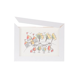 Close-up of white minimalist frame with magnetic design for children's crayon drawings