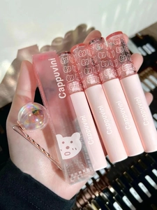 Close-up of pink Bubbly Bear lip glaze set with bear patterns and clear packaging