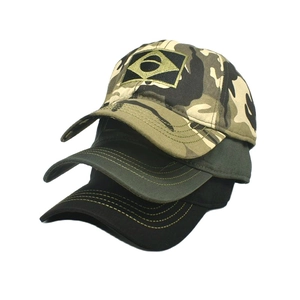 Tactical baseball caps in camo, olive green and black with flag patch and stitched brim