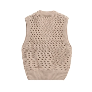 Damen V-Ausschnitt ärmellose Lochstrickweste aus beiger Baumwolle, Rückansicht des Designs