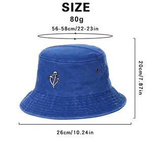 Royal blue washed cotton bucket hat with mushroom embroidery and full size dimensions