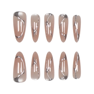 French cat eye almond press-on nails with liquid gold chrome metallic swirl patterns