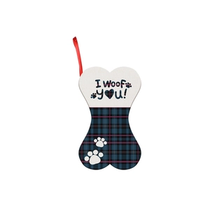 Detail of bone-shaped pet Christmas stocking with plaid pattern and I Woof you print