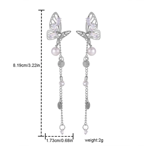 Silver butterfly tassel earrings with pearls and crystals, length measurement 3.22 inches