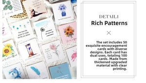 Detailed view of 50 double-sided inspirational cards with vibrant floral and animal prints