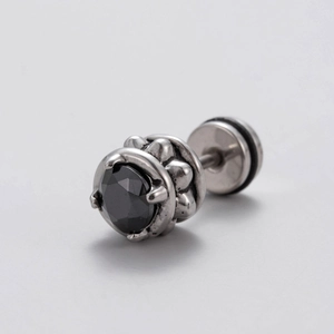 Polished stainless steel stud earring for men featuring a faceted round black zircon stone