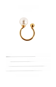 Detail view of U-shaped gold ring with large pearl accent and specifications
