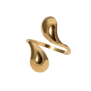 Polished gold-plated stainless steel open ring with unique double teardrop design