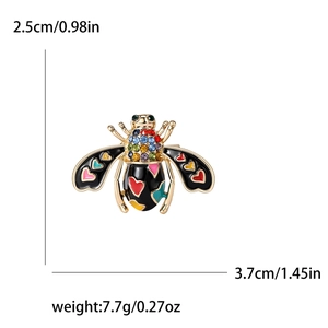 Enamel bee brooch with colorful rhinestones and dimensions 2.5cm by 3.7cm on white background