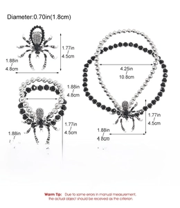Size specifications for spider jewelry set including ring, necklace, and bracelet dimensions