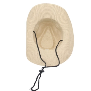 Beige raffia woven sun hat with adjustable black chin strap for summer vacation