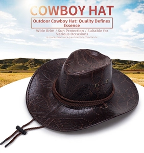 Brown faux leather western cowboy hat with leaf vein texture and wide brim detail