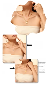 Detail view of heart-shaped pearl pendant necklace in gold and silver tones on a model