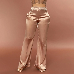 Women High Waist Satin Wide Leg Pants Solid Color Elegant Loose Flared Trousers With Pockets