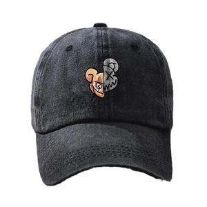 Vintage washed black cotton baseball cap with split cartoon bear print design