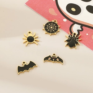 Halloween 18K gold plated stainless steel spider bat and web charms with colorful enamel