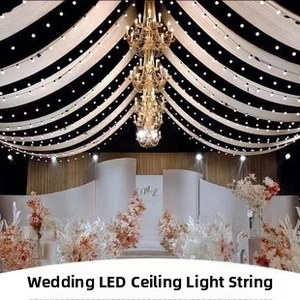 Close-up of warm white LED bulb string lights hanging for wedding ceiling decoration