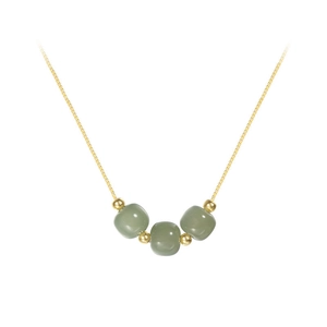 Vintage gold box chain necklace with three olive green cube beads and small gold spacers