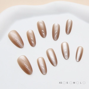 Handmade Press On Nails Cat Eye Almond Shape ABS Plastic Glossy Champagne Gold Elegant Minimalist Style Women Manicure
