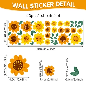 Sunflower wall decals set with 43 pieces of PVC stickers for boho window decor