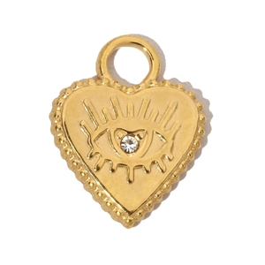 Detail of gold heart pendant with evil eye relief and sparkling center crystal