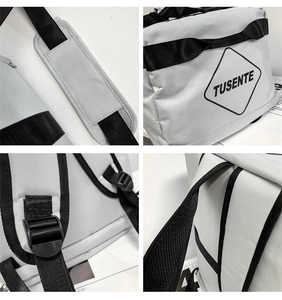 Detailed views of gray Oxford backpack padding, adjustable buckles, and logo stitching