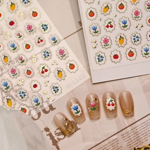 3D floral and fruit nail embossed stickers M-1163 with elegant metallic frame relief effect