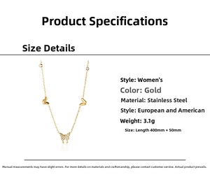 Detailed spec sheet for gold stainless steel butterfly necklace with micro-inlaid stones