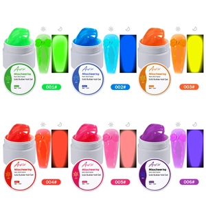 6 colors of non-sticky solid extension nail gel showing day and night luminous effects