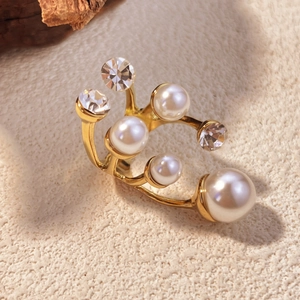 Elegante Anello Aperto In Acciaio Inossidabile Dorato Ramo Multistrato Con Imitazioni Di Künstliche Perle Bianche E Strass Gioielli Retro
