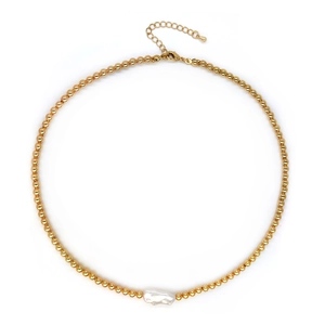 Bohemian gold plated necklace with irregular freshwater baroque pearl and metal beads