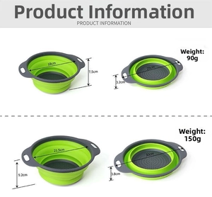 Collapsible silicone colander set showing flat and expanded sizes for storage