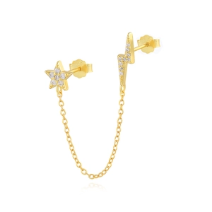 Detail of S925 sterling silver earring with star and lightning bolt charms in gold finish