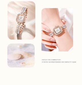 Détail de la montre carrée or rose avec lunette en strass et bracelet feuille