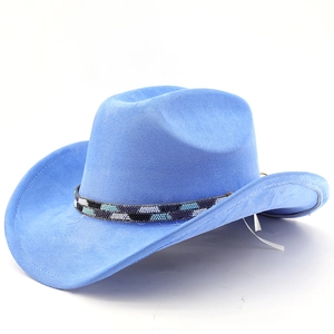 Detail of blue faux suede cowboy hat featuring a colorful ethnic beaded headband trim