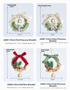 Size chart showing various 10cm Christmas wreaths with pine cones and festive bows