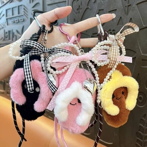 Adorable plush slipper keychain bag charm with pearls and elegant ribbon bow decoration