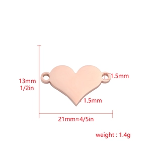 Rose gold heart pendant connector in mirror stainless steel with dimension annotations