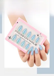 Detail view of aurora blue cat eye press-on nails in almond shape with glossy finish