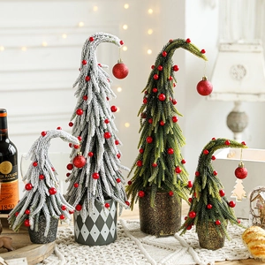 Mini Artificial Christmas Tree Curved Top Bent Neck Red Berries Shiny Bauble Flocked Snow Desktop Potted Decoration