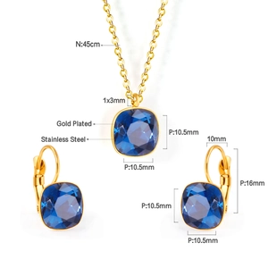 Detail view of gold-plated stainless steel jewelry set with blue square gems and dimensions