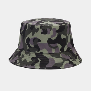 Detail of camouflage bucket hat showing reinforced multi-line stitching on the brim