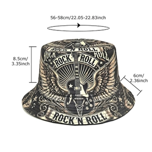 Unisex black rock 'n roll guitar print bucket hat with 56-58cm head circumference